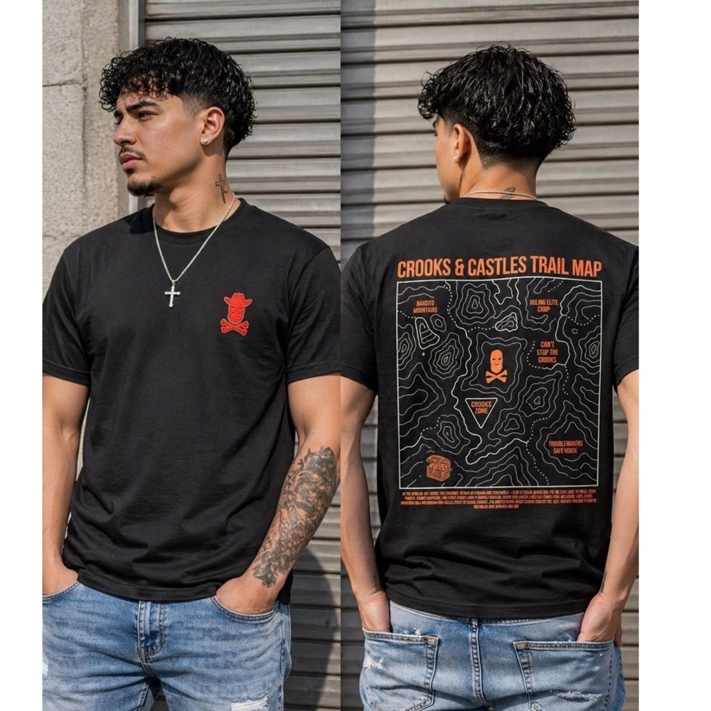 Crooks & Castles Black Tee with Red Skull & Crossbones Cowboy Embroidered Men S